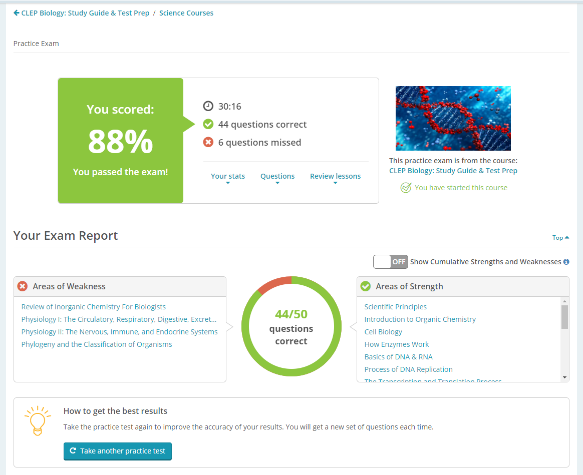Study.com's CLEP practice test results_preview